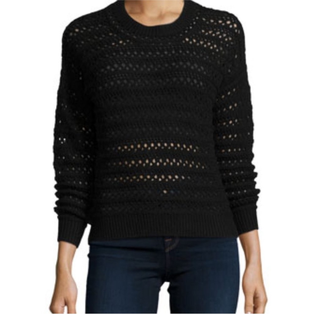 J Brand Women’s Black Open Knit Rolled Neck LS 100%‎ Merino Wool Sweater SZ MED